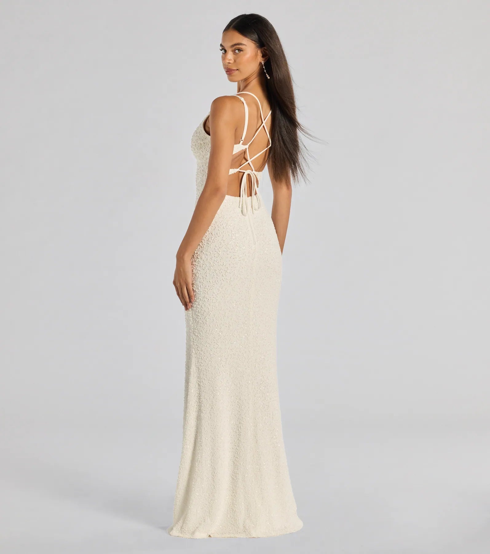 Danni Lace-Up Beaded Lace Column Dress